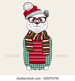 panda boy dressed up in winter style, fashion animal illustration