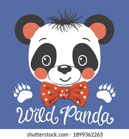 Panda boy face with bow tie, footprint on dark background. Wild Panda slogan. Vector illustration for t-shirt graphics, fashion prints and other uses