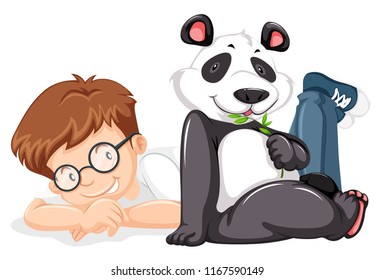 Un panda y un niño con ilustración de fondo blanco