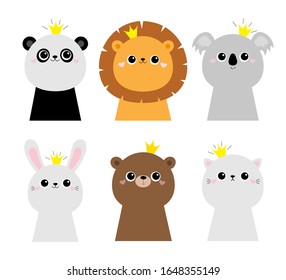 Panda bunny rabbit hare lion koala bear cat face head icon set. Kids print poster, t-shirt. Cute kawaii cartoon funny baby character. Scandinavian style. Golden crown Love Flat White background Vector