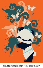 Panda and butterflies print design in vector origami style.
