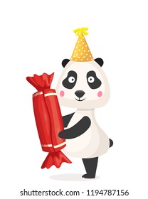 panda with candy in a party hat