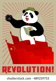 Panda in the cap with a red star holds in paws quote pad Mao Zedong on meeting. Red flags, the sun's rays and the inscription revolution. Poster in the China communist style.