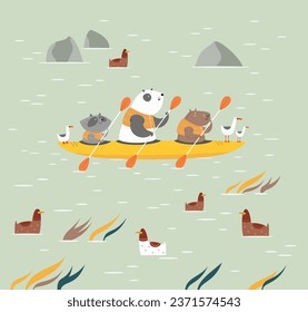 A panda, a capybara and a raccoon kayak on a lake with ducks and seagulls. Children wallpapers vector illustration.