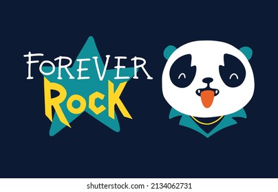 Tarjeta Panda. Rock para siempre. Caricatura vectorial. Ilustración sobre un fondo oscuro para los niños al estilo de garabatos graciosos. Ideal para imprimir en ropa de bebé, camisetas