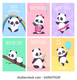 Panda cards. Cute little bear animals cover placard vector templates collection. Illustration of panda card, placard with funny mammal