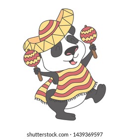 Panda in a carnival Mexican costume with maracas. Children's illustration for t-shirts, prints. Vector