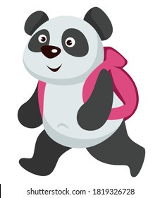 Panda carrying satchel walking to school. Isolated character with backpack, small personage pupil or student with bag. Studying and obtaining knowledge, education animals vector in flat style