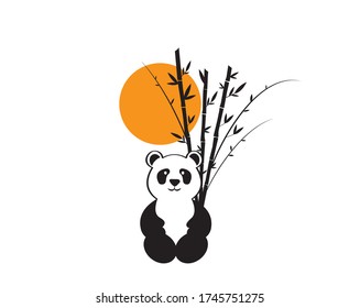 Panda cartoon character behind and bamboo tree on sunset , vector. Panda illustration. Wall decals, wall art, artwork. Minimalist black and white art design isolated on white background