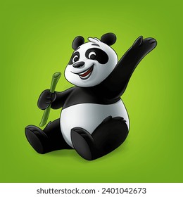 Panda Cartoon Charakter fröhlich lächeln mit Bambus in der Hand