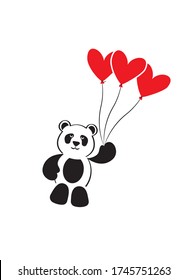 Panda cartoon character flying with red hearts balloons, vector. Panda illustration. Childish wall decals, wall art, artwork. Minimalist black and white art design isolated on white background.