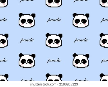 Panda cartoon character seamless pattern on blue background. Pixel style