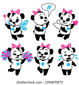 Panda cartoon character, Set of cute panda bear in various poses