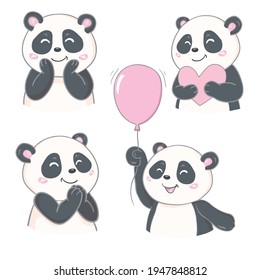 Panda cartoon character in various expression on white background. Vector illustration.