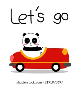 Panda cartoon so cute drive a car.Let’s go.red car on white background.vector and illustration for t-shirt.