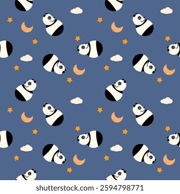 Panda cartoon so cute. On star clouds moon blue background. Pattern seamless vector illustration. 