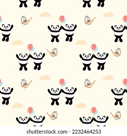 Panda cartoon so cute in the sky. On cloud helicopter balloon yellow background. Pattern seamless vector illustration. 