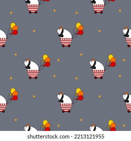 Panda cartoon so cute in wagon and balloon.on star gray background.pattern seamless vector and illustration.