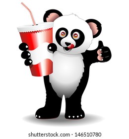 Panda Cartoon with Drink on Paper Cup with straw