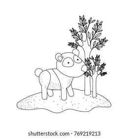 panda cartoon in forest next to the trees in monochrome silhouette