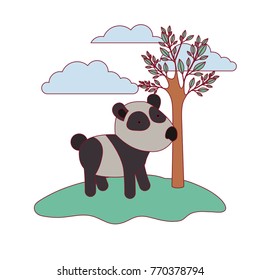 panda cartoon in forest next to the trees in colorful silhouette with thin contour