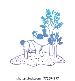panda cartoon in forest next to the trees in degraded blue to purple color silhouette