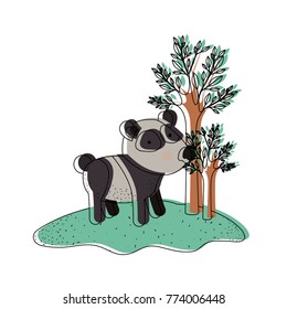 panda cartoon in forest next to the trees in watercolor silhouette