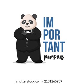 panda cartoon with Important person style, simple design for t-shirt, panda wearing tuxedo, Vector Illustration