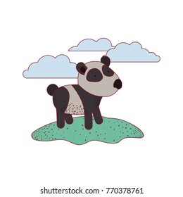 panda cartoon in outdoor scene with clouds on colorful silhouette with thin contour
