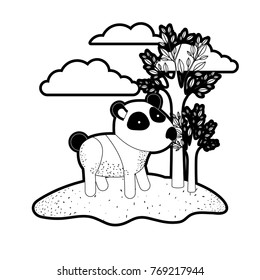 panda cartoon in outdoor scene with trees and clouds in black silhouette with thick contour