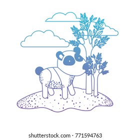 panda cartoon in outdoor scene with trees and clouds in degraded blue to purple color silhouette