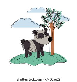 panda cartoon in outdoor scene with trees and clouds in watercolor silhouette