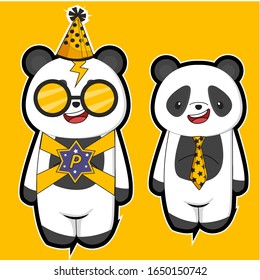 Panda cartoon set using costume festival, isolated background in yellow