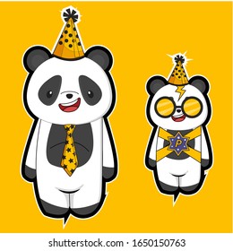 Panda cartoon set using costume festival, isolated background in yellow
