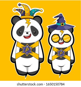 Panda cartoon set using costume festival, isolated background in yellow