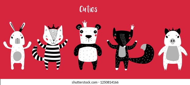 Panda, Cat, Bunny, Pig, and Fox Characters Staying Together in Crowns. Two Animals in Cute Trendy Modern Cartoon Childish Style. Perfect for Print, Web, App or Any Digital Design Manipulation.