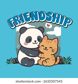panda, cat, friends, friendship, hug, cute, adorable, animal, art, design, love, heart, happy, cartoon, illustration, kawaii, sky, cloud, fun, sweet, playful, joy, connection, happy, cozy, warm