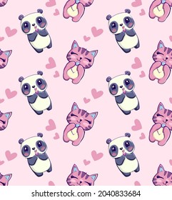 Panda and cat pattern with hearts. Funny cartoon animals repeat print. 