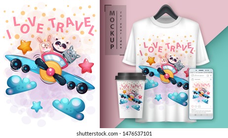 Panda, cat, rabbit fly - mockup for your idea. Vector eps 10