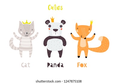 Panda, Cat,and Fox Characters Staying Together in Crowns. Two Animals in Cute Trendy Modern Cartoon Childish Style. Perfect for Print, Web, App or Any Digital Design Manipulation.