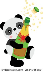Panda celebrating holding bottle of sparkling wine