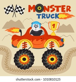 panda champion is riding monster truck  - vector illustration, eps