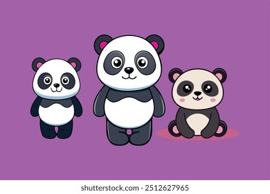 Panda Character Collection: Desenhado à Mão Adorável Wild Animal Desenho Animado Sentado e em pé Urso