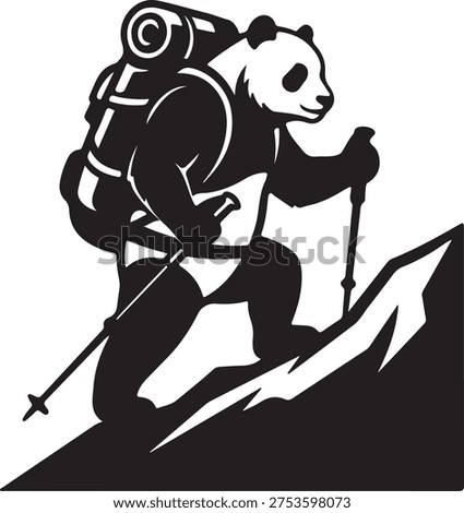 A panda character, equipped with a backpack and trekking poles, is climbing a steep slope. Represents effort, challenge, and mountain expedition
