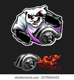 panda character illustration with turbocharger for mascot logo