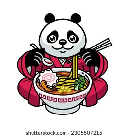 Panda character Mascot wearing Japanese Kimono eating Ramen Noodle