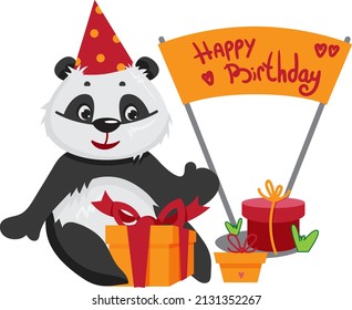 A panda character on his birthday with gift boxes and a poster. Cartoon style. Vector illustration. Postcard.