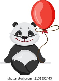 A panda character with a red balloon and a happy face. Vector illustration. Postcard.