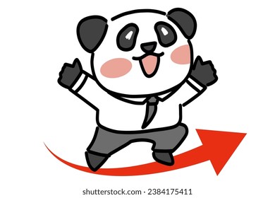 Carácter panda con flecha en alza y brazos abiertos con sonrisa.