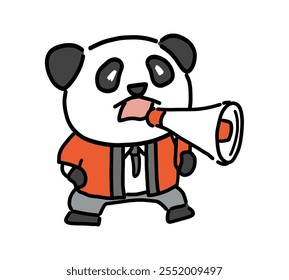 Panda character shouting through a loudspeaker.